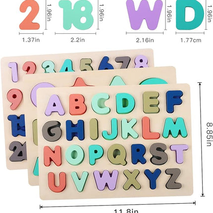 Wooden Puzzles for Toddlers, Voamuw Wooden Alphabet Number Shape Puzzle Toddler Education Learning Toys for Kids Ages 3 4 5 Years Old (Set of 3)