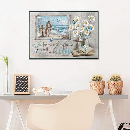 Christian Wooden Jigsaw Puzzle 1000 Pieces for Adults - Jesus Walking on Beach & Joshua 24:15 Bible Verse, Religious Scripture Art for Stress Relief, Inspirational Home Decor and Gift