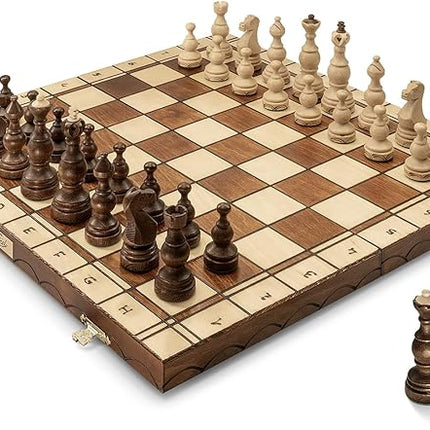 Wegiel Legate Luxury Wooden Chess Set for Adults and Kids - 18 Inch Handcrafted from Premium Beech and Birch Wood - Unique Folding Design with Chess Piece Storage