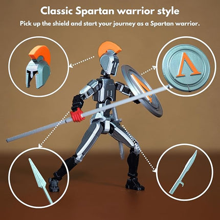 T13 Action Figure (Dummy 13 / Titan 13 / Spartan Warrior) - 3D Printed Poseable Robot Set with Accessories for Stop Motion Animation | Kids Gift