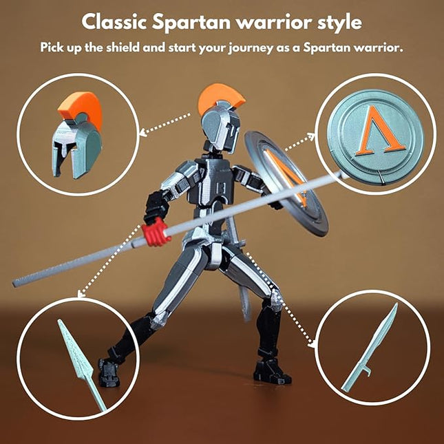 T13 Action Figure (Dummy 13 / Titan 13 / Spartan Warrior) - 3D Printed Poseable Robot Set with Accessories for Stop Motion Animation | Kids Gift