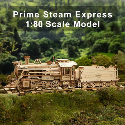 ROKR 3D Wooden Puzzle for Adults-Mechanical Train Model Kits-Brain Teaser Puzzles-Vehicle Building Kits-Unique Gift for Teens on Birthday/Christmas Day(1:80 Scale)(MC501-Prime Steam Express)