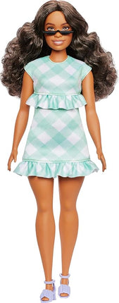 Barbie Fashionistas Doll #240 with Wavy Dark Brown Hair Wearing Minty Green Ruffled Gingham Dress, Sunglasses and Lavender Heels Accessories