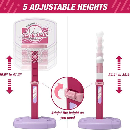 2 in 1 Kids Basketball Hoop and T Ball Set - Adjustable Height, Kids Baseball Tee with Automatic Pitching Machine, Indoor Outdoor Sport Toys Gifts for Toddler Boys Girls Age 1-5, Pink