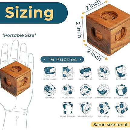 BSIRI 16 in 1 Wooden Brain Teaser Puzzles for Adults and Teens or Kids Interlocking 3D Mini Wood Mind Games Hand Puzzle Teasers Set Toys Coffee Table Games Gift