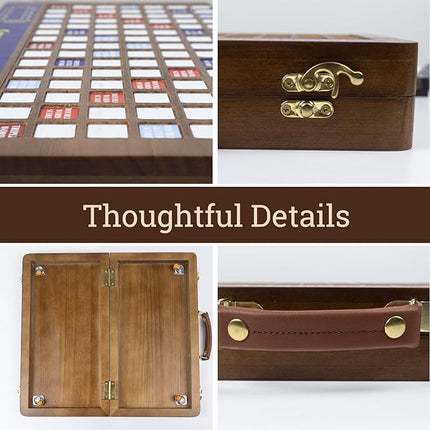 Wooden Folding Crossword Board Game – Word Game Set with 100 Letter Tiles, Sand Timer, Pencil, Racks & Bag – Portable Wooden Game for Adults & Family