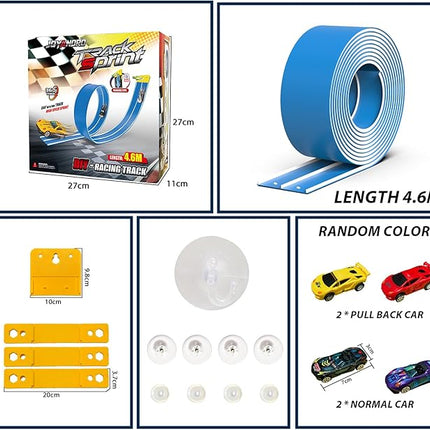 15 Ft Flexible Race Car Track (Daytona Blue) for Kids,Flex Track Starter Set Compatible with Hot Wheels and Diecast 1/64th Cars,Portable Racetrack Roll Up Race Track with 4 Racecars and Suction Cups