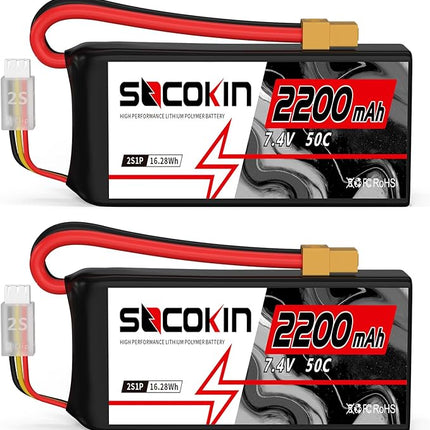 2S Lipo Battery 7.4V 50C 2200mAh Batteries with XT60 Connector Plug Shorty Soft Case Battery for RC Car Truck Boat Truggy FPV Drone Quadcopter UAV Airplane Helicopter (2 Pack)
