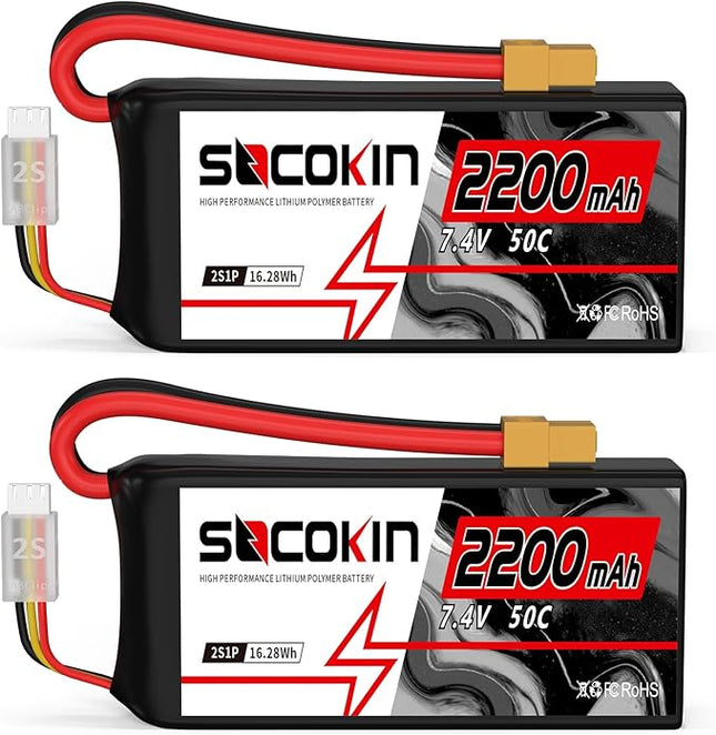 2S Lipo Battery 7.4V 50C 2200mAh Batteries with XT60 Connector Plug Shorty Soft Case Battery for RC Car Truck Boat Truggy FPV Drone Quadcopter UAV Airplane Helicopter (2 Pack)