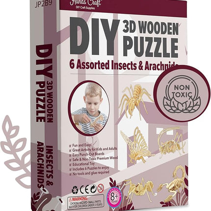 Hands Craft DIY 3D Wooden Puzzle – 6 Assorted Insects & Arachnids Bundle Pack Brain Teaser Puzzles Educational STEM Toy Adults and Kids to Build Safe and Non-Toxic Easy Punch Out Premium Wood JP2B9