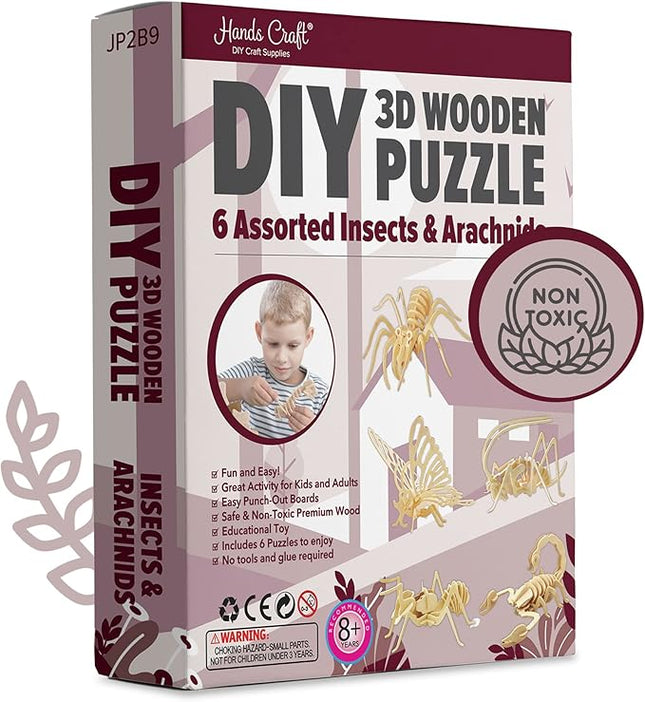 Hands Craft DIY 3D Wooden Puzzle – 6 Assorted Insects & Arachnids Bundle Pack Brain Teaser Puzzles Educational STEM Toy Adults and Kids to Build Safe and Non-Toxic Easy Punch Out Premium Wood JP2B9