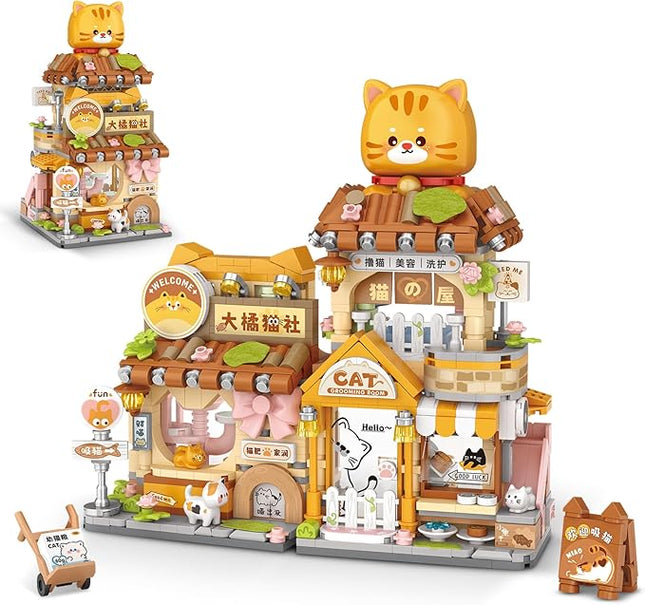 Street View Cute Cat Shop Mini Building Blocks, MOC Creative Building Toys Cute Animals Building Set for Girls 6-12, Simulation Architecture Construction Toy, Gift Idea for Kids Adults (917 PCS)