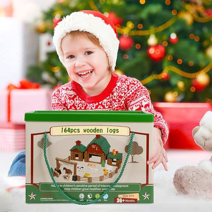 Wondertoys 164 Pcs Wooden Log Set Ranch Real Wood Logs Classic Building Log Ages 3+ Best Retro Farm Building Gift Set Creative Construction Engineering Educational Gifts
