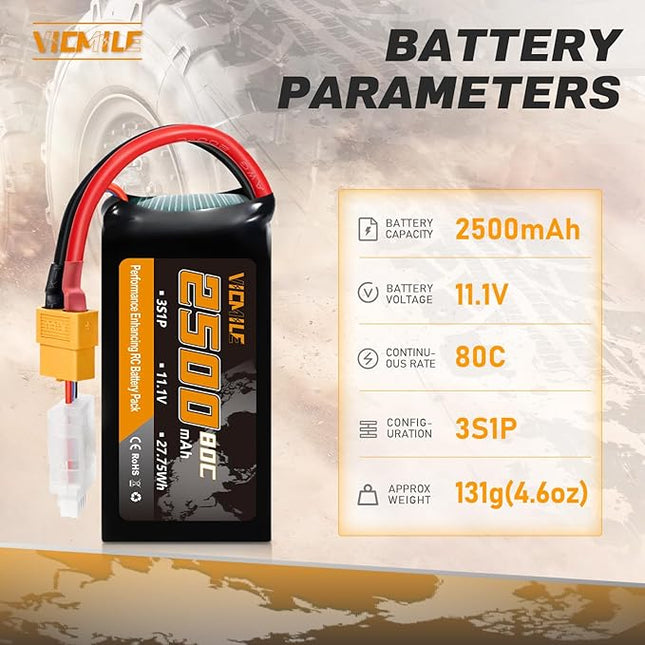 3S Lipo Battery 2500mAh 11.1V 80C High Discharge Rate Shorty Pack RC Batteries with XT60 Plug Fit for RC Airplane FPV Quadcopter Helicopter Drone and Racing RC Hobby Models 2500 High Capacity