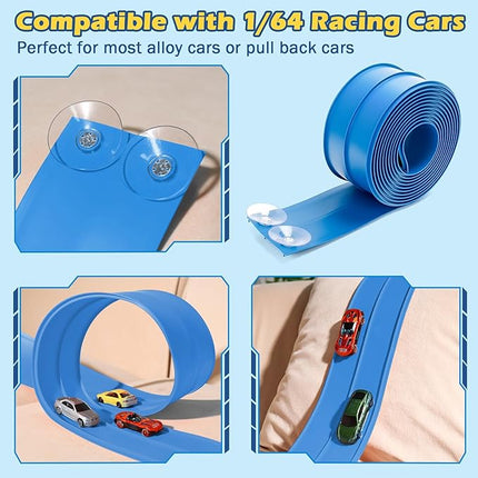 Flex Tracks 15 Ft Starter Set Flexible Race Track for Kids 3+, Race Car Ramp Track Compatible with Hot Wheels and Diecast 1/64th Cars, Portable Rolls Up Race Tracks with Strong Suction Cups