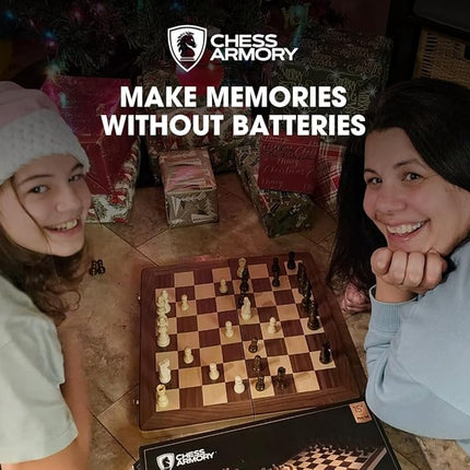 Chess Armory Wooden Chess Set 15 Inch - Classic Handcrafted Game Board for Adults and Kids with Extra Queen Pieces and Storage Box - Ideal for Home and Travel - Non-Magnetic