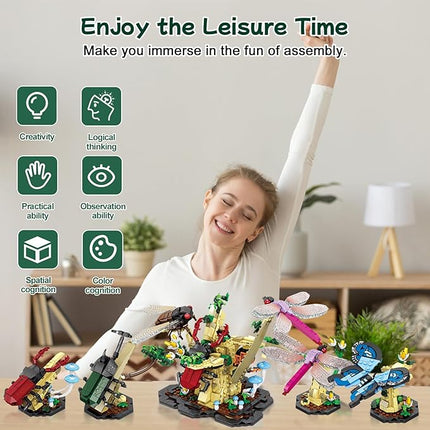 Toy Building Set, The Insect Flowers Collection 6 in 1 Model Kit Bricks Set, Creative Insects Building Block Sets, Hobbies Christmas Birthday Gift for Nature Lovers Adult Kids Boys Girls 8+