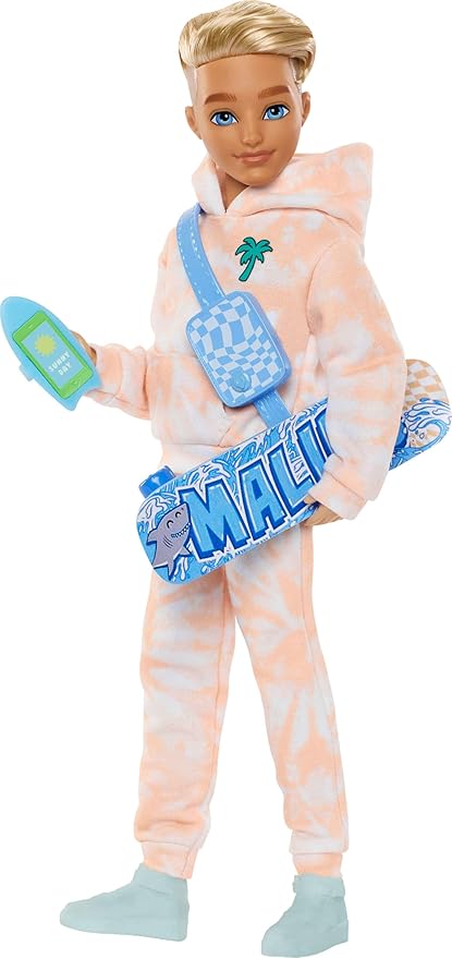 Barbie Dream Besties Doll and Accessories, Ken Posable Fashion Doll with Removable Fashions & Blonde Hair, 9 Summer & Skateboard Themed Pieces