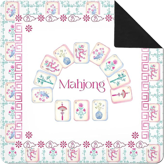 Pink and Green Chinoiserie Mahjong Mat 31 x 31 in, Grandmillennial Mahjong Mat for Table, Non-Slip Noise Reduction Game Table Cover Tablecloth for Card Poker Dominoes Dice and Board Games