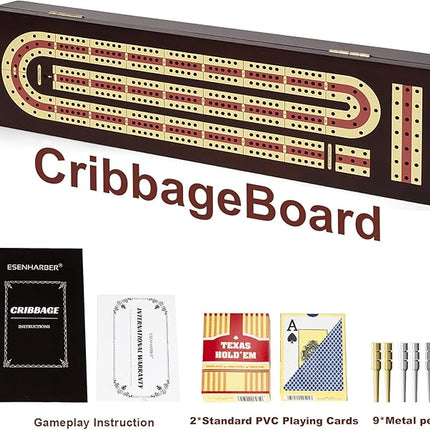 Cribbage Board Game Set, Premium Wooden Board with Magnetic Lock and Metal Pegs, 2 Playing Cards, and Large Storage - Travel-Friendly Continuous 3 Track Board