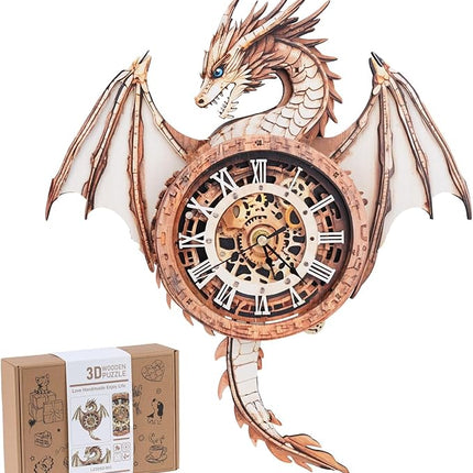 Rnfinewow 3D Wooden Puzzles for Adults, 3D Puzzle Dragon Clock Kit (with Pendulum), 3D Puzzles for Adults Home Decor Clock Crafts for Adult Christmas Day Puzzle Gifts for Men Women