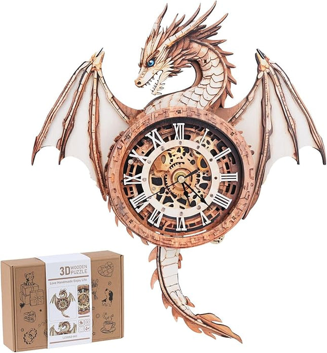 Rnfinewow 3D Wooden Puzzles for Adults, 3D Puzzle Dragon Clock Kit (with Pendulum), 3D Puzzles for Adults Home Decor Clock Crafts for Adult Christmas Day Puzzle Gifts for Men Women