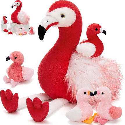 MorisMos Plush Flamingo Stuffed Animal with Baby Bird Toys Inside Belly,20" Mommy Stuffed Flamingo Toy for Girl Boy Kid,Red Bird with Babies Gift for Birthday Party Decoration Baby Shower Christmas