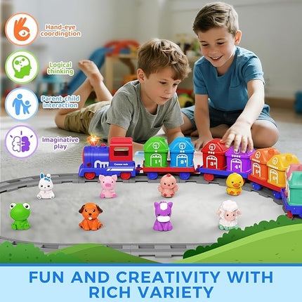 Train Set Toddler Learning Toys for 1 2 3 4 Year Old Boy Girl - Montessori Electric Train Set with Counting Matching & Sorting Activity with Farm Animals, Finger Puppets, Christmas Birthday Gift 2-4