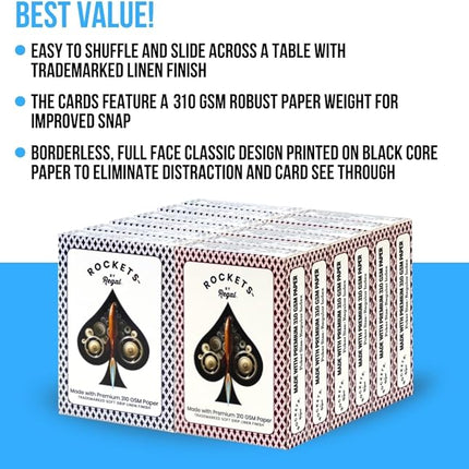 Regal Games [12 Decks] Rockets Bulk Playing Cards Set for Adults & Professionals - 310 GSM Linen Finish - Poker Cards for Blackjack, Euchre, Canasta - Casino Grade, Travel & Game Night Cards
