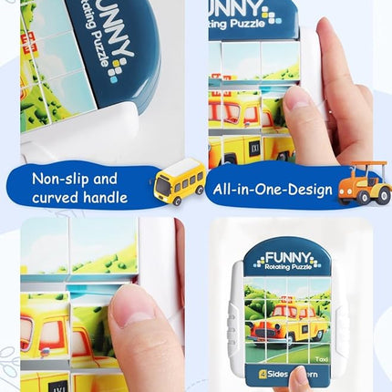 16-Piece Rotating Puzzles for Kids 4-6, Toddlers Puzzles 2-4, Road Trip, Airplane Activities Game, Travel Toys - Brain Teaser, Fine Motor Skills, Birthday Gifts Boys & Girls - Transportation