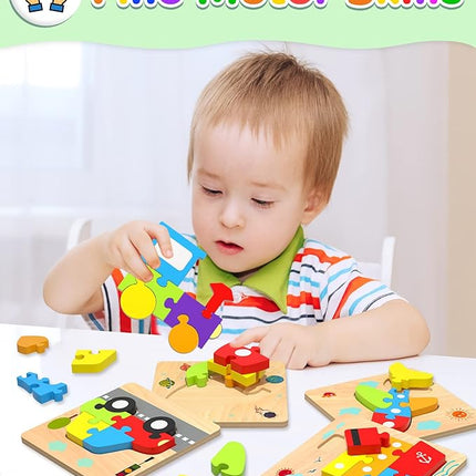 Yetonamr Wooden Toddler Puzzles Gifts Toys for 1 2 3 Years Old Boys Girls, 6 Vehicle Shape Montessori Toys Educational Blocks Kids Gift Baby Learning Toy Age 1-3, 2-4