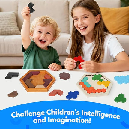 Skrtuan Wooden Hexagon Puzzle for Kid Adults Pattern Blocks Brain Teasers Tangram Puzzles Toy Jigsaw Board Geometry Logic IQ Travel Game STEM Montessori Educational Toys Gift, Puzzle Set, 4 Pack