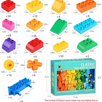 Cutedeer 258 Piece Classic Big Building Blocks Set for Kids Toddlers Compatible with All Major Brands, Large Building Bricks STEM Toys with Gift Box for All Ages Boys Girls