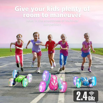 Remote Control Car for Girls 3-12 with Flashing Light, Toys 4 5 6 7 8 9 Years Old Girl Birthday Gifts Idea, RC Cars Stunt 4WD 2.4Ghz Double Sided 360° Flip, Present for Kids, Christmas, Pink