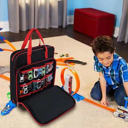 Toy cars Carrying Case Compatible with Hot Wheels Up to 99pcs, Portable Car Toy Storage Organizer Bag for 1/64 Scale Toy Cars, Matchbox Cars, Dolls, Mini Toys, Bag Only(Red)