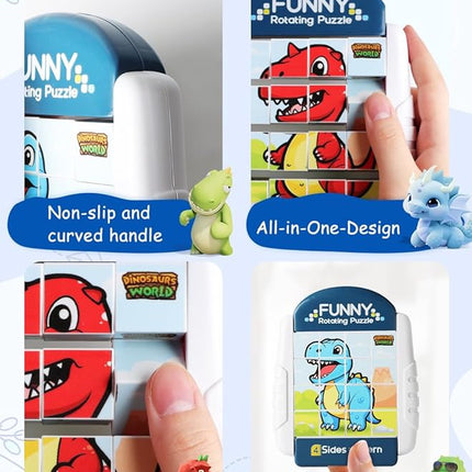 16-Piece Rotating Puzzles for Kids 4-6, Toddlers Puzzles 2-4, Road Trip, Airplane Activities Game, Travel Toys - Brain Teaser, Fine Motor Skills - Birthday Gifts Boys Girls - Dinosaur