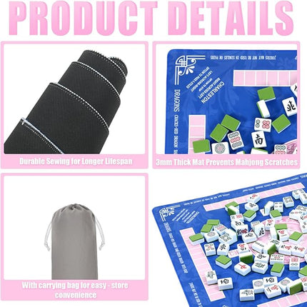 Mahjong Mat with Carrying Bag for Table 32x32 Inch – Non-Slip Noise-Reducing Rubber Mat with Rules for Mahjong, Poker, Card Games, Board Games & Dominoes (Pink)
