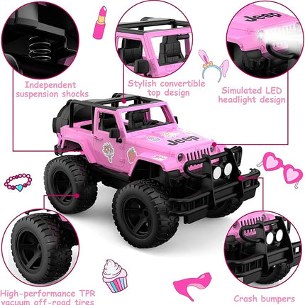 DOUBLE E Jeep Licensed 1:14 Scale Pink Remote Control Car for Girls with 2*DIY Stickers, Open-top Design RC Jeep, 80Min Play 2.4Ghz Off Road RC Trucks with LED Lights, Birthday/Xmas Gifts for Girls 6+