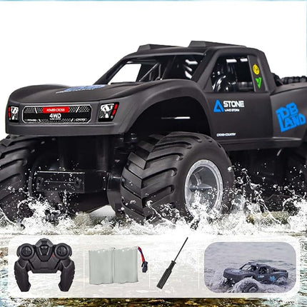 Monster Truck Toys, 2.4G Amphibious Remote Control Car for Boys, 1:16 Scale All-Terrain Rc Car with Double-Sided Driving, 4WD, 2 Rechargeable Batteries, for Boys & Adults-Blue
