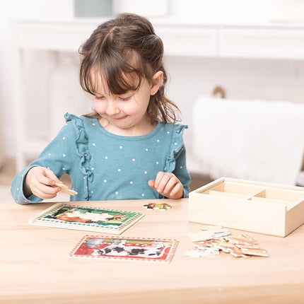 Melissa & Doug 4‑in‑1 Wooden Farm Jigsaw Puzzle Set, 48 Pieces with Storage Box, Toddler Puzzle Toy for Kids Ages 3+