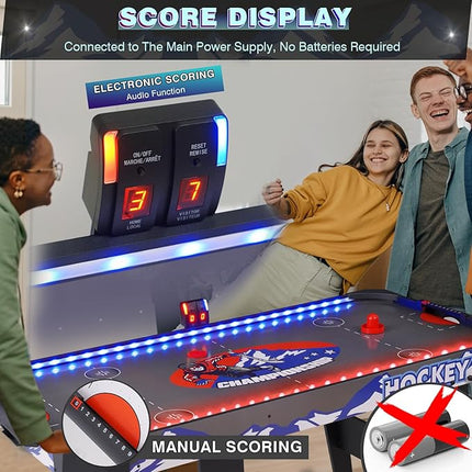 57" LED Light-Up Air Hockey Table, Foldable Arcade Style Air Hockey Game Set w/Accurate Electronic Scoring, in Line Power Switch, Powerful Motor for Kids Adults, Home Game Room
