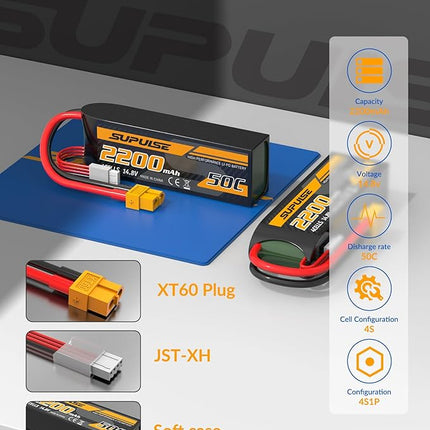 SUPULSE 4S Lipo Battery 14.8V 50C 2200mAh with XT60 Plug T Plug Soft Case Battery for RC Airplane Helicopter RC Boat RC Car Truck(2 Packs)