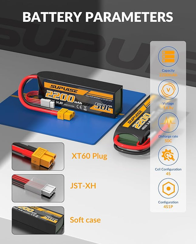 SUPULSE 4S Lipo Battery 14.8V 50C 2200mAh with XT60 Plug T Plug Soft Case Battery for RC Airplane Helicopter RC Boat RC Car Truck(2 Packs)