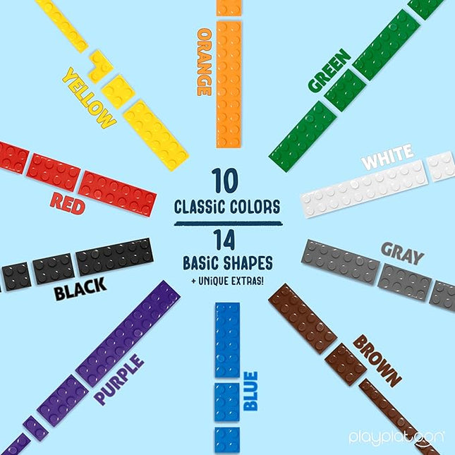 Play Platoon 1100 Pieces Building Bricks Set - 10 Classic Color Blocks - Bulk Building Blocks Compatible with Major Brands - 14 Different Shape Bricks - Includes Wheels, Tires, Axles, Windows & Door