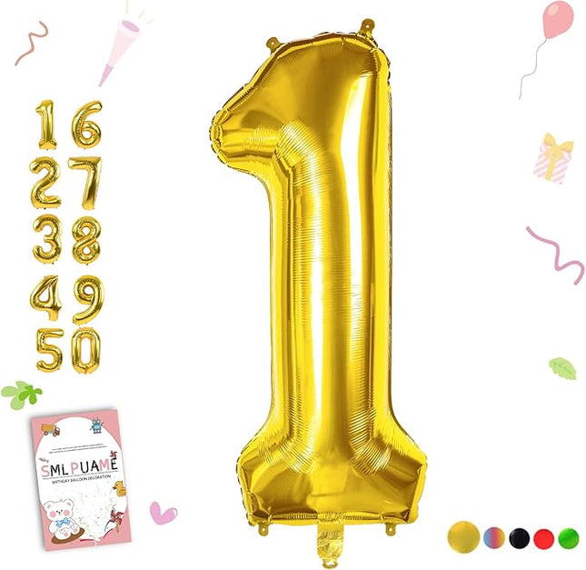 Smlpuame 40 inch Number Balloon 0-9 Gold Large Number 1 Balloons,Digital Balloons for Birthday Party Celebration Decorations Supplies, Helium Foil Number Balloons for Wedding Anniversary