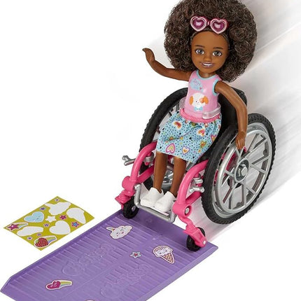 Barbie Chelsea Doll & Wheelchair with Moving Wheels, Ramp, Sticker Sheet & Accessories, Small Doll with Curly Brown Hair