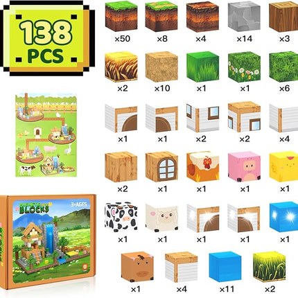 138 PCS Magnetic Blocks, Magnetic Building Blocks for Kids, Farm Construction Magnet Cubes Set for Girls Boys, Sensory STEM Toys for Kids Toddlers Ages 3+