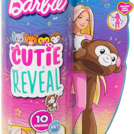 Barbie Cutie Reveal Fashion Doll, Jungle Series Monkey Plush Costume, 10 Surprises Including Mini Pet & Color Change