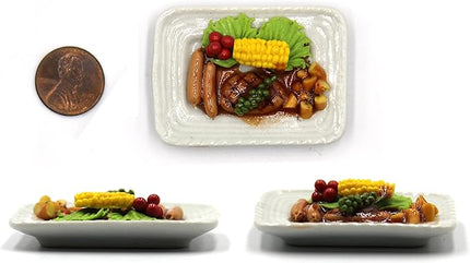 Lovely Mixed 5 Assorted Prime Meat Lovers Grilled, Steak, with Appetizer Dish Dollhouse Miniature Food, Tiny Food for Collectibles, Compatible with Barbie Dollhouse and Diorama Scale 1:6, 1/6