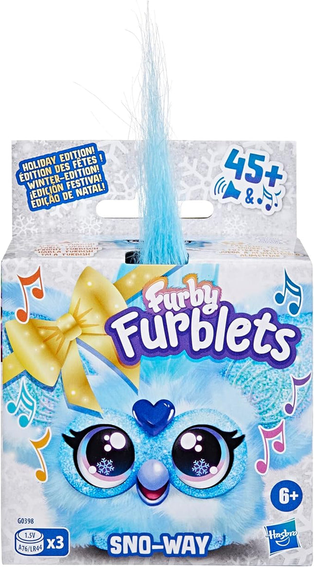 Furby Furblets SNO-Way Holiday Edition Mini Friend, 45+ Sounds, Holiday Music, Speaks Only Furbish, Electronic Plush Toys for Girls & Boys, Interactive Pets, Blue & White, 6+